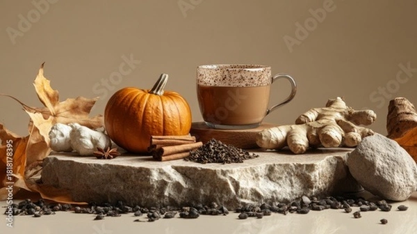 Obraz Realistic studio product photography of warm spices, pumpkin chai tea, small pumpkin, ginger, and tonka bean with a cream badkground. Use textured rock or stone to create tiered height levels with the