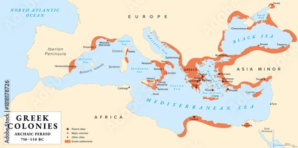 Obraz Ancient Greek colonies and parent cities, history map. Greek colonization during the Archaic period, 750 to 550 BC, across the Mediterranean Sea and the Black Sea. Areas and settlements. Illustration