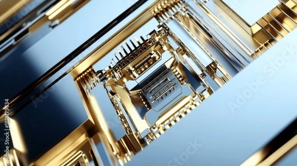 Fototapeta Retro-futuristisches technisches Element, platziert an einem der vier Punkte des goldenen Schnitts. Das Objekt ist ein abstraktes, geometrisches Bauwerk mit flieÃŸenden Linien und Formen, metallischem