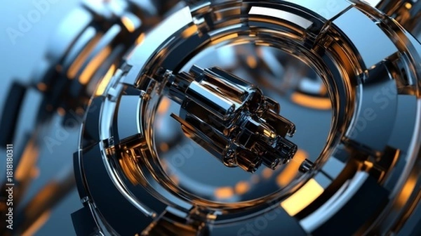 Fototapeta Retro-futuristisches technisches Element, platziert an einem der vier Punkte des goldenen Schnitts. Das Objekt ist ein abstraktes, geometrisches Bauwerk mit flieÃŸenden Linien und Formen, metallischem