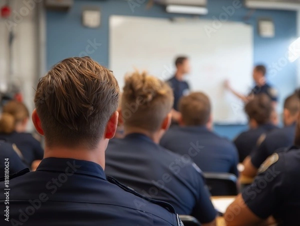 Fototapeta Group of police cadets in a classroom setting listen to instructor at whiteboard, concept for law enforcement training, police academy program and security protocols