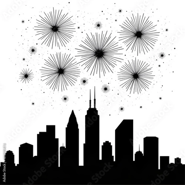 Fototapeta Cityscape Fireworks: A captivating monochrome illustration of a cityscape silhouetted against a backdrop of exploding fireworks, celebrating a momentous occasion under the night sky.