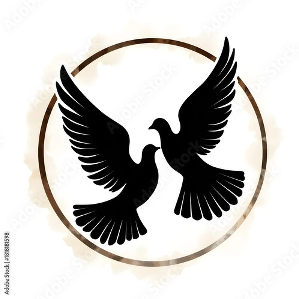 Fototapeta Harmony in Flight: Two doves in silhouette, symbolizing peace and unity, soar within an artistic circular frame. A visual celebration of togetherness.