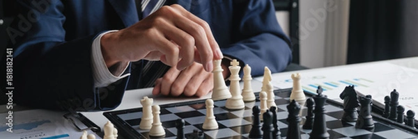 Obraz businessman moves chess pieces to execute winning business strategy