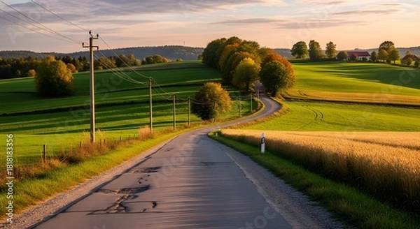 Fototapeta Winding road through lush green fields under a warm sunset sky