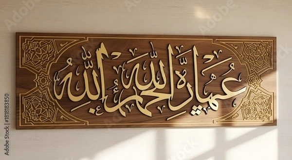 Fototapeta Wooden calligraphy artwork featuring arabic script and intricate design elements