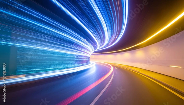 Obraz Colorful spiral tunnel of flowing light streaks, symbolizing energy, speed, and futuristic movement.