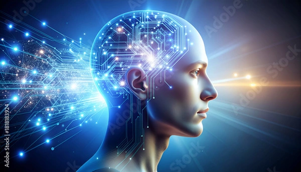 Fototapeta Digital human head silhouette with glowing circuits and light trails, symbolizing artificial intelligence and data flow.