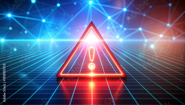 Fototapeta Exclamation mark inside red triangle on digital grid, representing security alerts, data issues, and tech warnings.
