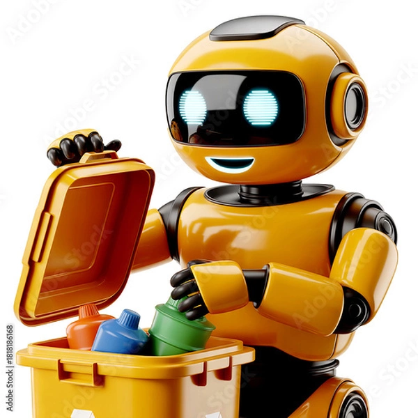 Fototapeta The future of green technology is here! This friendly, bright yellow robot is diligently sorting plastic bottles into a recycling bin, championing environmental responsibility