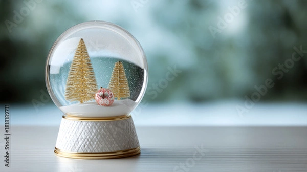 Fototapeta Snow globe with gold Christmas trees and festive ornament, winter holiday decoration, peaceful and elegant seasonal scene