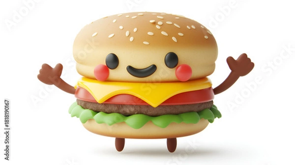 Obraz Cute cartoon burger character with arms and legs a fun food illustration isolated on white background