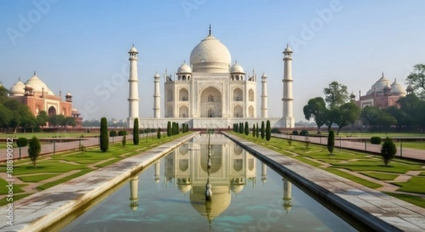 Fototapeta Majestic white marble structure with symmetrical design reflected in water