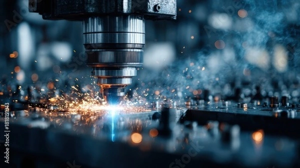 Fototapeta Blue color Laser CNC with metal, cut, light, metalwork, blue, spark, laser