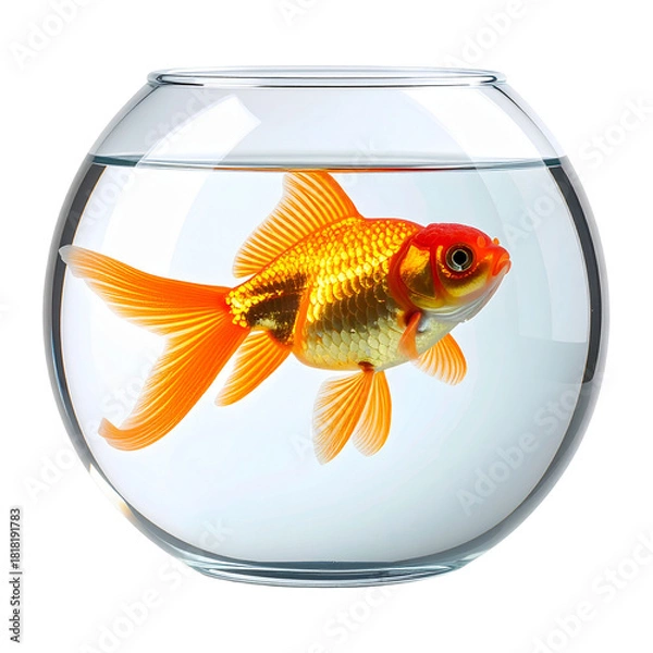 Obraz Golden Fish in Glass Bowl: A solitary goldfish swims gracefully within a transparent glass bowl, its vibrant scales shimmering against the clear water, offering a moment of tranquility and simplicity.