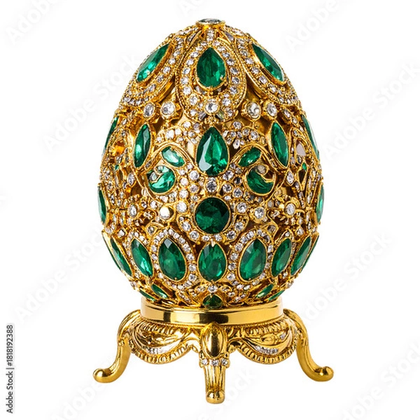 Fototapeta Golden egg ornamented with emerald: A close-up shot captures the exquisite beauty of a gilded egg, adorned with shimmering emeralds and intricate detailing. showcasing opulence and craftsmanship.