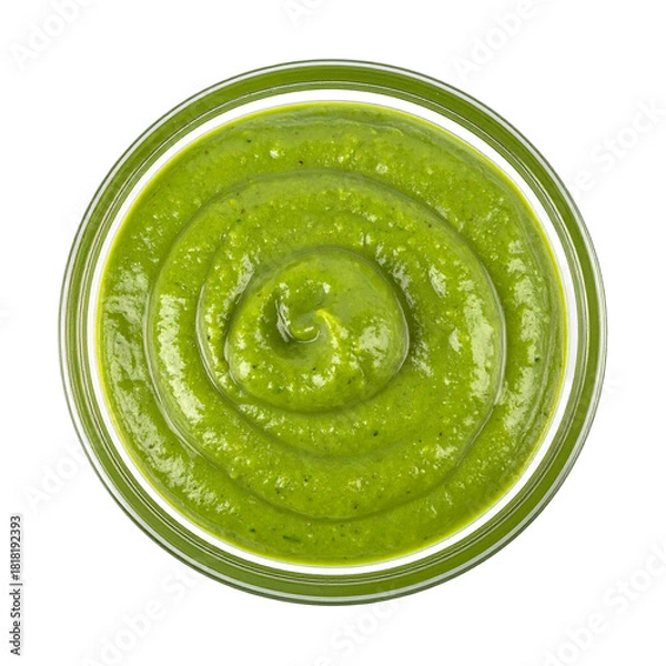 Obraz Vibrant Green Sauce: An overhead perspective of a delectable, vibrant green sauce, swirled to perfection in a clear glass bowl, inviting culinary delight.