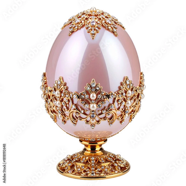 Fototapeta Opulent Egg: A dazzling egg, exquisitely crafted with radiant golden embellishments and gleaming gemstones, rests elegantly on an equally ornate stand, celebrating artistry and luxury.