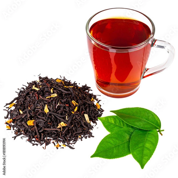 Fototapeta Aromatic Brew: A close-up showcases a clear glass cup filled with steaming tea alongside a pile of loose tea leaves and vibrant green leaves, inviting viewers to savor the rich flavors and aromas.