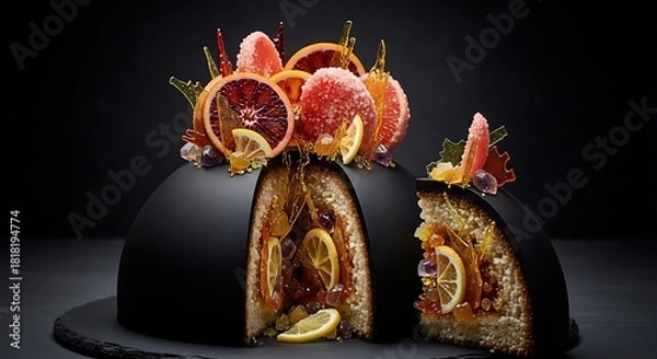 Obraz Luxurious dark dome cake sliced open revealing candied citrus filling and decorated with sugared grapefruit and lemon slices against black background