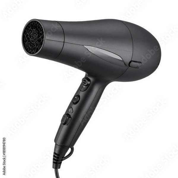 Obraz Sleek Hair Dryer: A close-up shot of a modern, black hair dryer, showcasing its elegant design and practical features, a symbol of personal care and grooming.