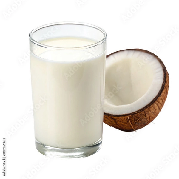 Fototapeta Glass of coconut milk next to a fresh half coconut isolated on transparent background