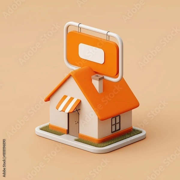 Obraz small house model with an orange frame over the rooftop on a simple background