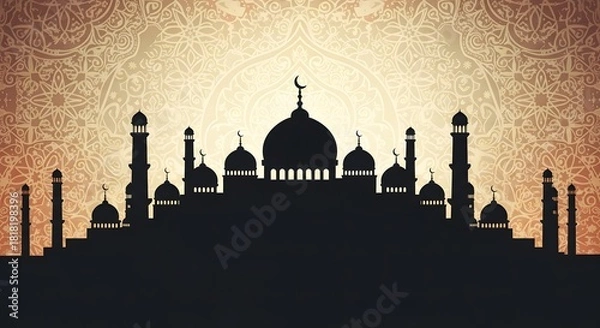 Obraz Silhouette of a mosque against a decorative background with intricate patterns
