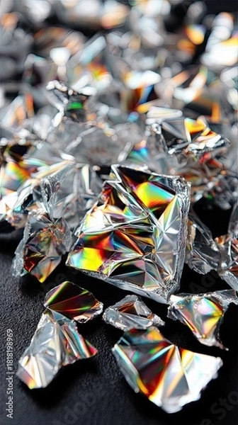 Fototapeta Close-up of irregularly shaped, transparent, crushed ice fragments scattered on a dark, textured surface. The ice refracts light, creating vibrant rainbow color