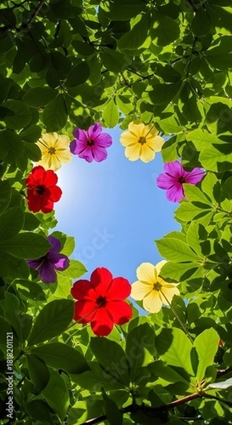 Fototapeta A vibrant circle of colorful flowers and green leaves framing a bright blue sky with fluffy white clouds on a sunny day