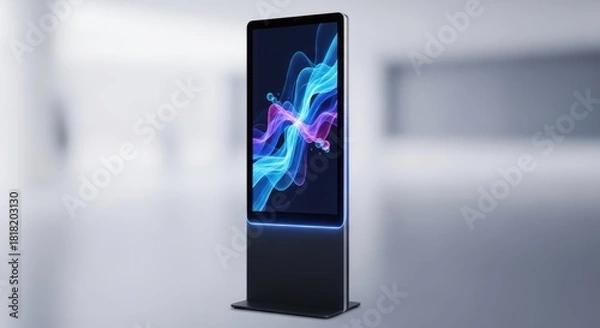 Fototapeta Modern digital totem display screen showing abstract blue and purple light patterns in a bright room