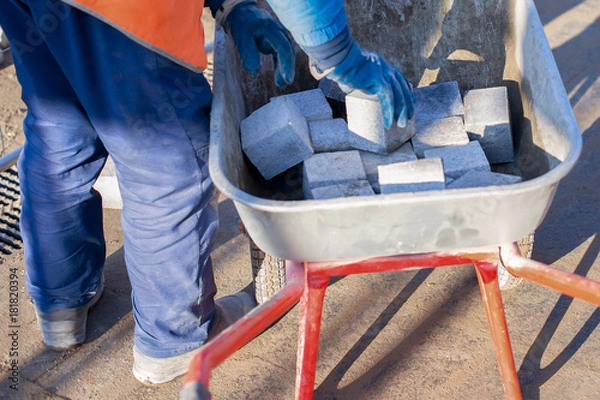 Fototapeta The worker removes the paving slab from the wheelbarrow. Repair of paving slabs. Workers laid paving slabs.