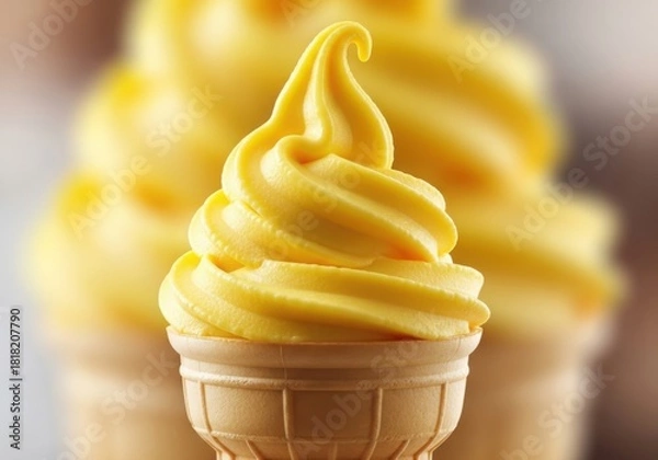 Fototapeta Delicious yellow soft serve ice cream cone with swirled texture a refreshing summer treat