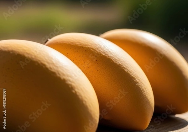 Fototapeta Three ripe mangoes in a row outdoors with a blurred green background delicious tropical fruit closeup