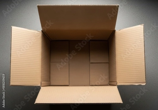 Fototapeta Open empty cardboard box viewed from above ready for shipping or storage on a dark surface