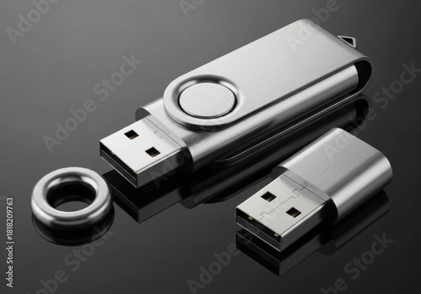 Fototapeta Modern metal usb flash drive with detachable cap and swivel design for data storage