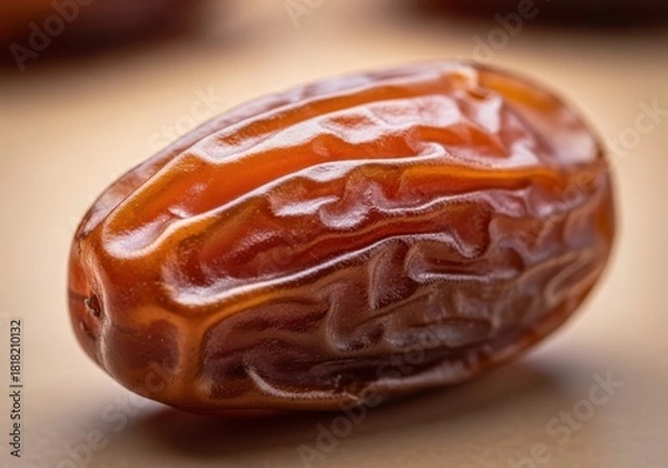 Fototapeta Closeup macro shot of a single sweet ripe date fruit showing texture and natural sugars crystallized on the surface