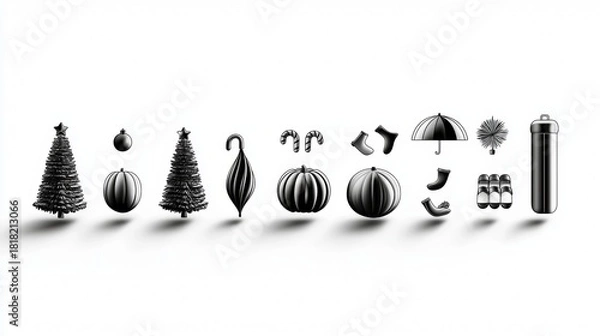 Obraz Black and white holiday icons showcasing trees, ornaments, and festive decorations laid out in a creative arrangement