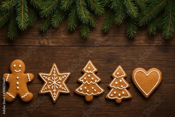 Obraz Festive christmas gingerbread cookies arranged on a rustic wooden table with fir branches
