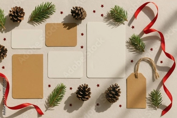 Obraz Christmas flat lay with pine cones fir branches ribbon and gift tags