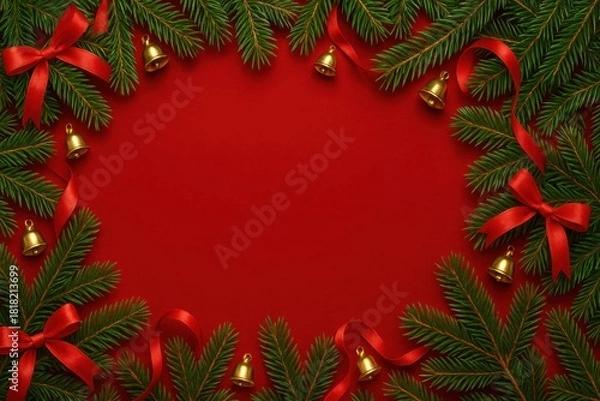 Obraz Christmas wreath frame with red ribbons and bells on red background