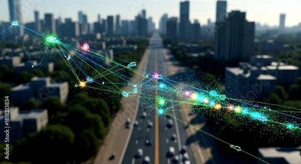 Obraz Connected autonomous vehicles communicate on a highway with a ci