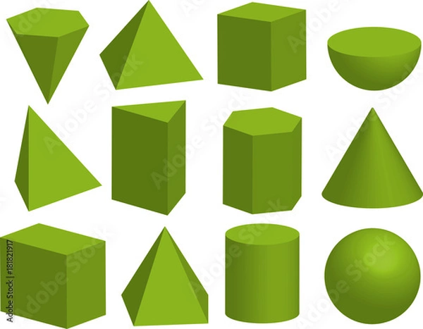 Fototapeta Podstawowe kształty geometryczne 3d. Bryły geometryczne. Piramida, graniastosłup, wielościan, sześcian, cylinder, stożek, kula, półkula. Pojedynczo na białym tle.
