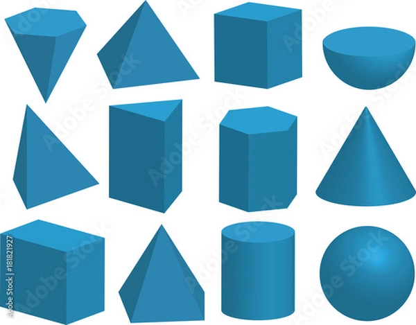 Fototapeta Podstawowe kształty geometryczne 3D. Geometryczne ciałę stałe. Piramida, pryzmat, wielościan, kostka, cylinder, stożka, kula, półkula. Izolowane na białym tle.