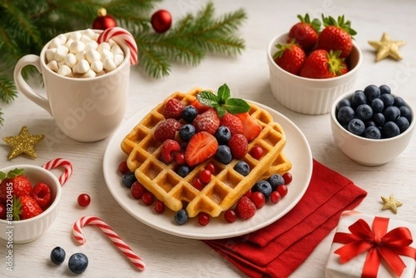 Obraz Festive christmas waffle breakfast with fresh berries and hot chocolate