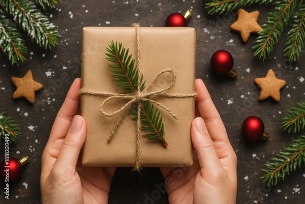Obraz Hands holding a christmas gift wrapped in brown paper with festive decorations