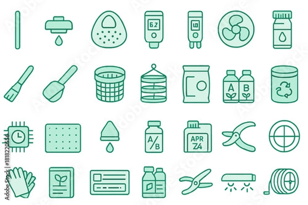 Fototapeta Set of hydroponic gardening and farming icons in green theme