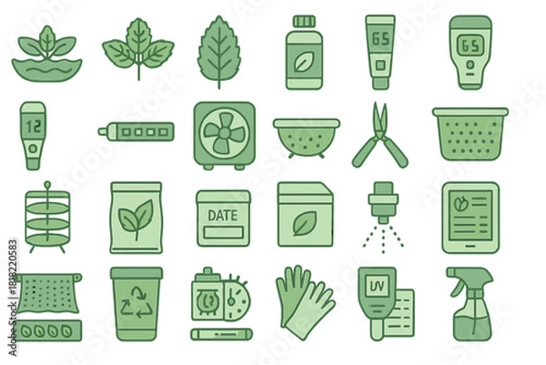 Obraz Hydroponic gardening icons with tools, plants, and sensors