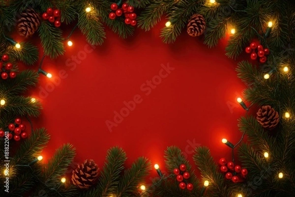 Obraz Festive christmas wreath with red berries pine cones and warm lights