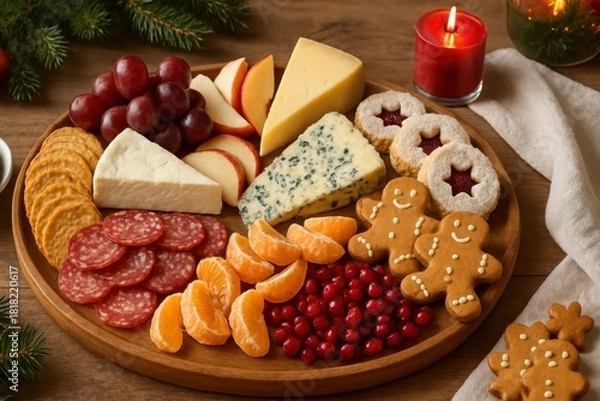 Obraz Festive christmas cheese board with gingerbread cookies and fruit
